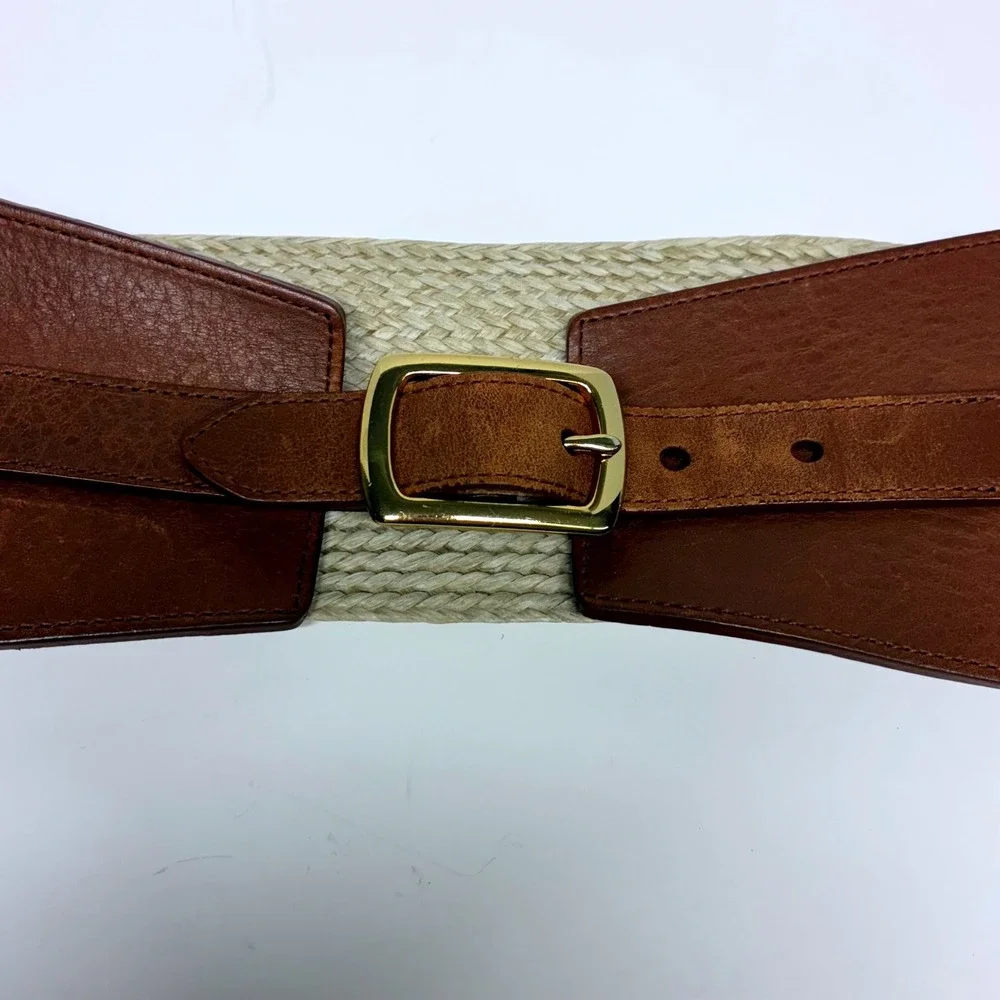 Antonio Melani Wide Waist Cincher Belt Womens M Brown Leather Woven Raffia Straw